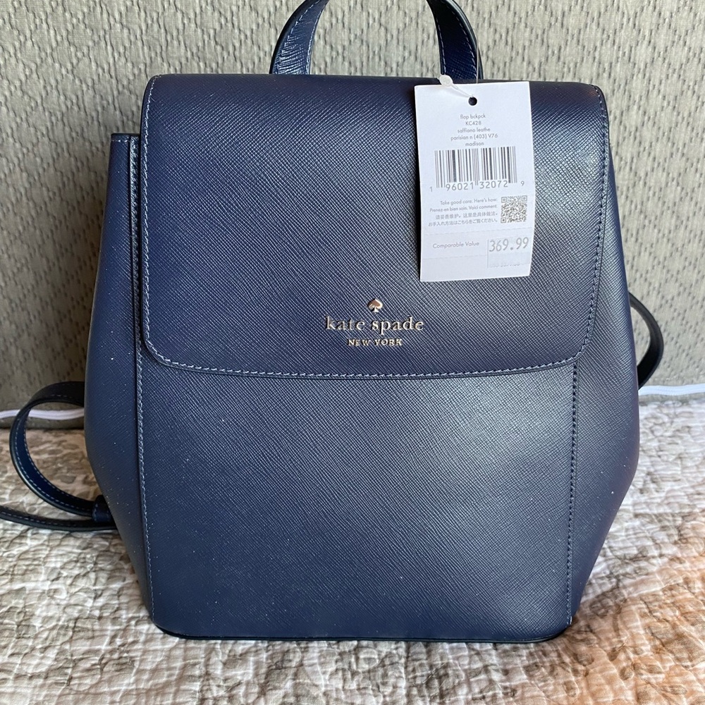 Kate Spade Navy Blue Backpack with Silver Accents and Structured Design